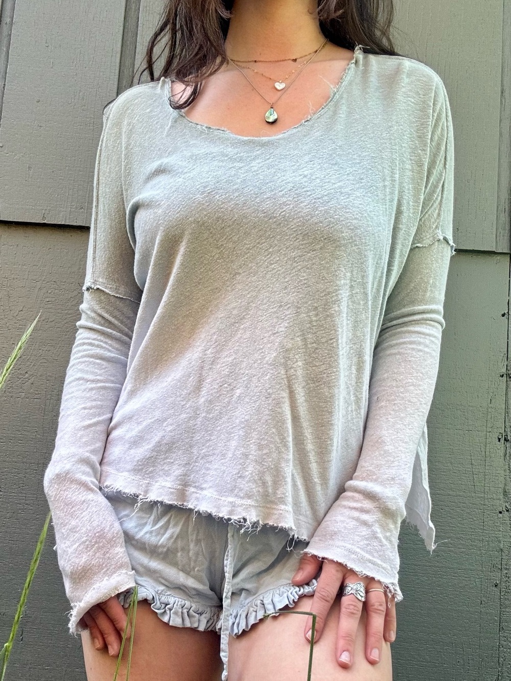Women’s Washed Light Blue Gradient Long-Sleeve Tee